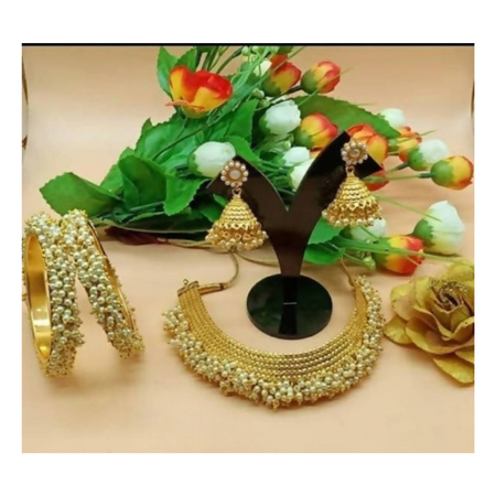 Mominos Fashion Trendy Gold-Polished with Pearls Necklace combo Set