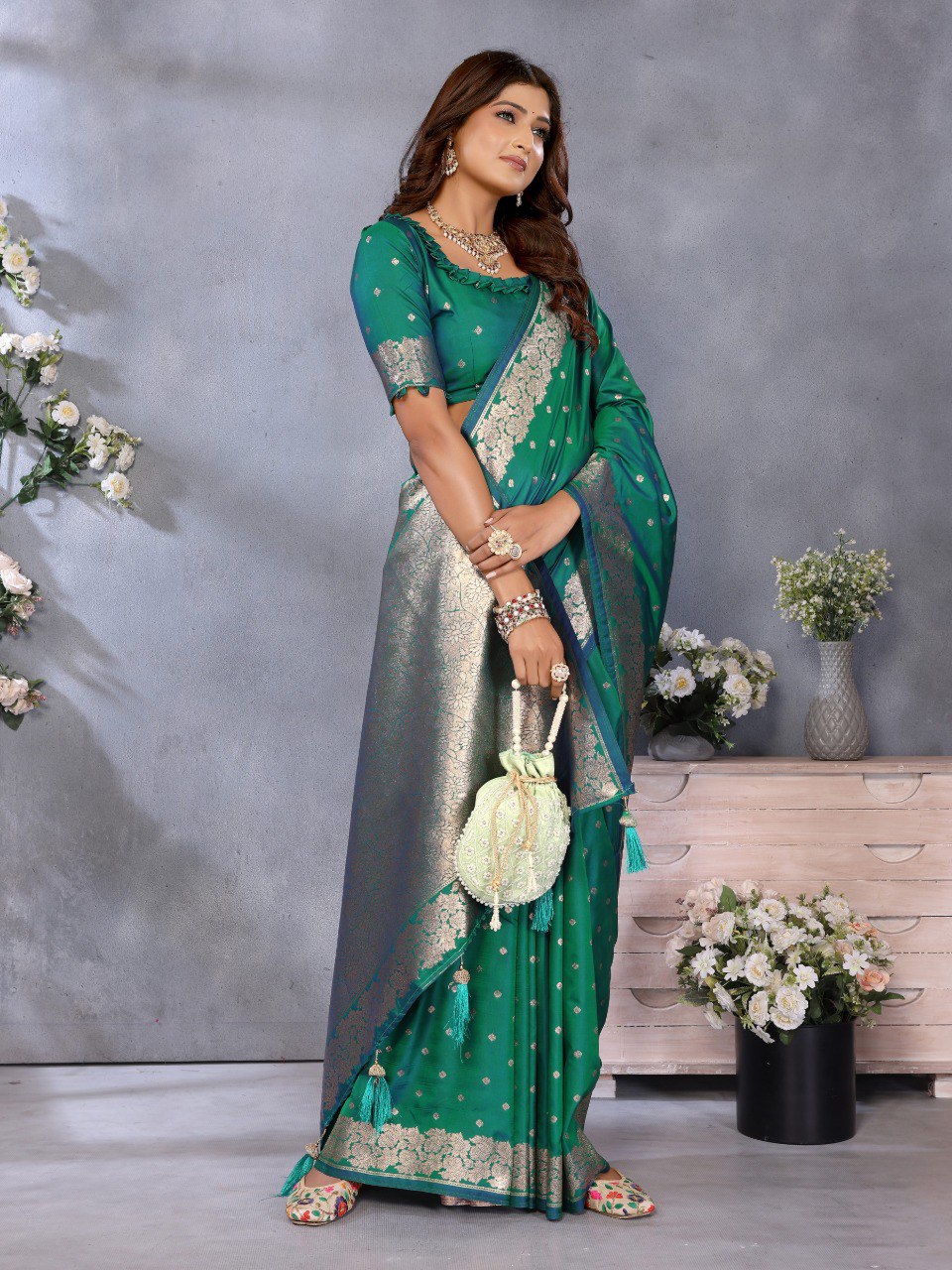 Anaita Green Premium Banarasi Tissue Silk Saree With Gala Weaving Work - Distacart