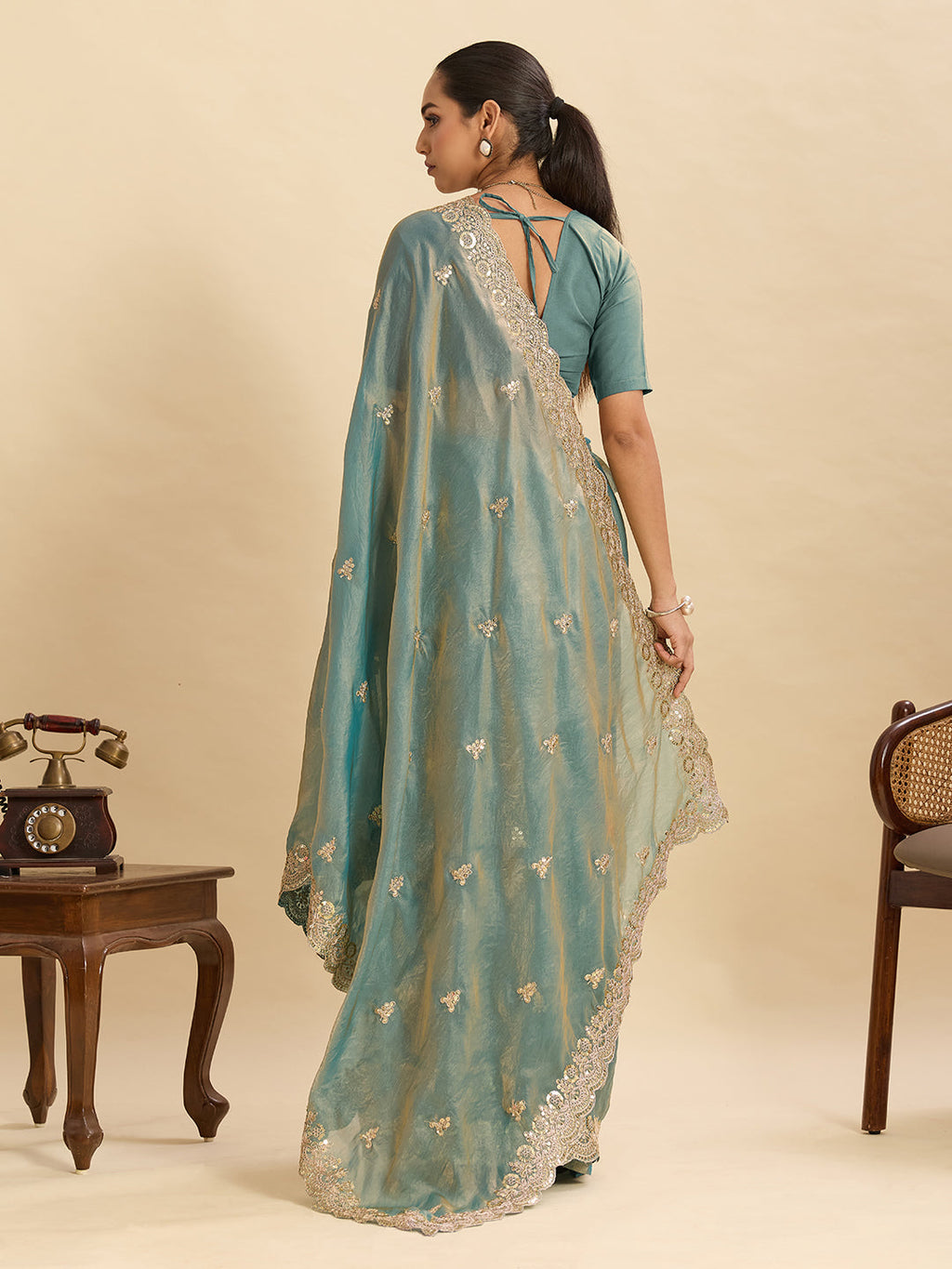 Lorenvalley Fashion Seagreen Fendy Satin with Embroidery Double Sequence Work Saree with Blouse - Distacart