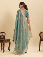 Lorenvalley Fashion Seagreen Fendy Satin with Embroidery Double Sequence Work Saree with Blouse - Distacart