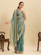 Lorenvalley Fashion Seagreen Fendy Satin with Embroidery Double Sequence Work Saree with Blouse - Distacart