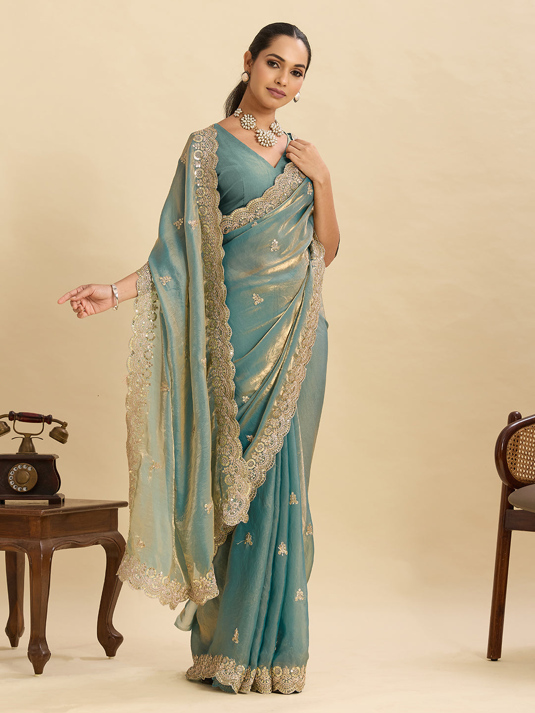 Lorenvalley Fashion Seagreen Fendy Satin with Embroidery Double Sequence Work Saree with Blouse - Distacart