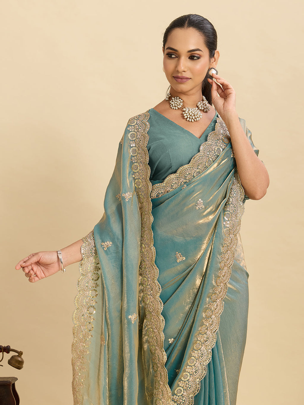 Lorenvalley Fashion Seagreen Fendy Satin with Embroidery Double Sequence Work Saree with Blouse - Distacart
