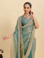 Lorenvalley Fashion Seagreen Fendy Satin with Embroidery Double Sequence Work Saree with Blouse - Distacart