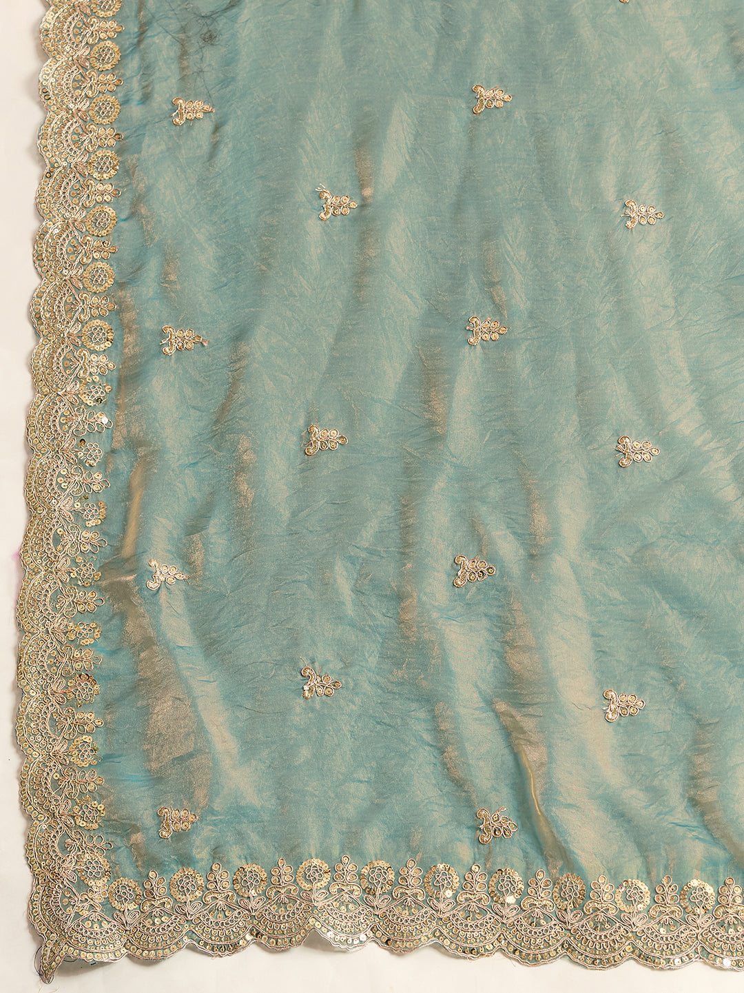 Lorenvalley Fashion Seagreen Fendy Satin with Embroidery Double Sequence Work Saree with Blouse - Distacart