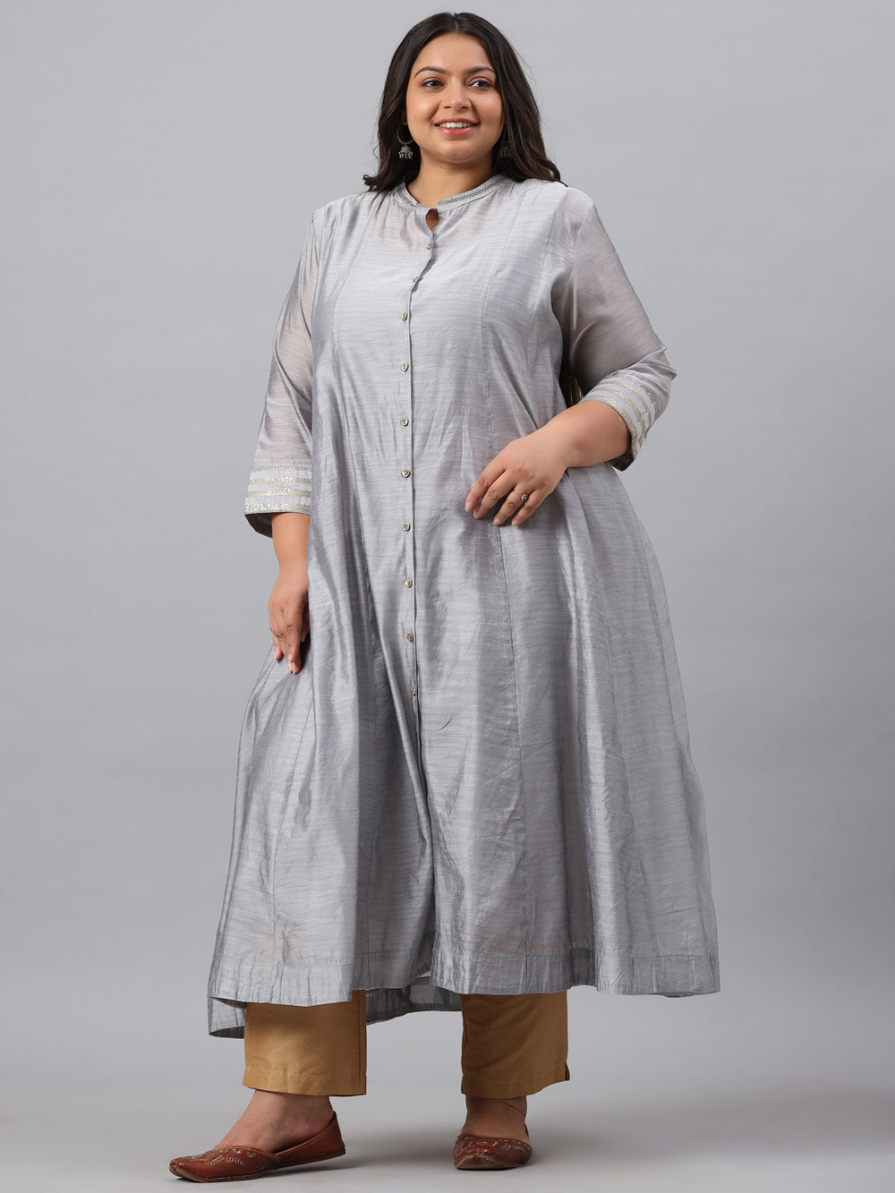 Juniper Women`s Grey Chanderi Silk Solid Anarkali Kurta with Inner - Distacart