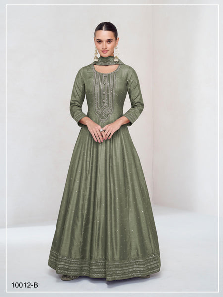 Anaita Light Olive Embroidered Vichitra Silk Stitched Anarkali Suit