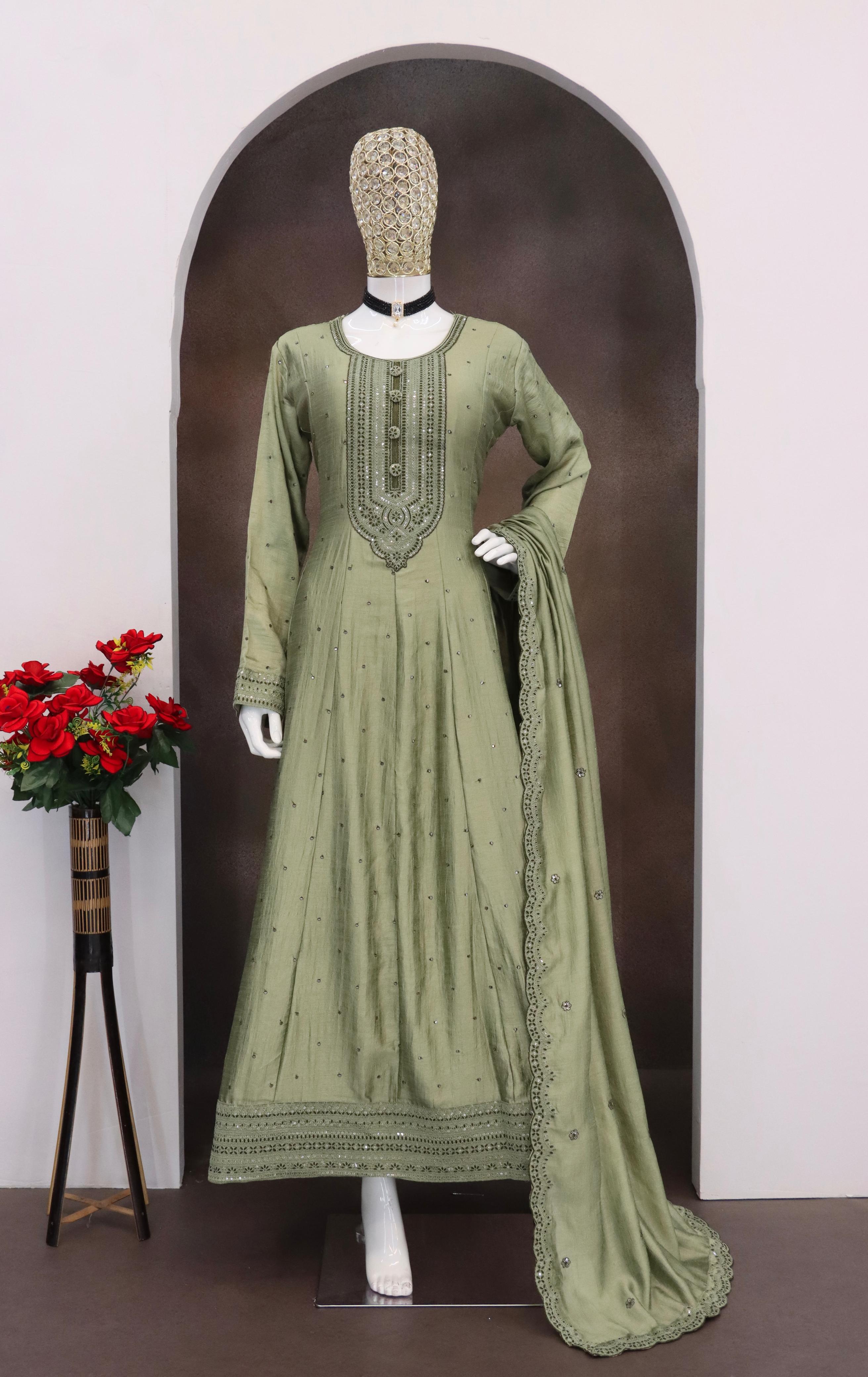 Anaita Light Olive Embroidered Vichitra Silk Stitched Anarkali Suit - Distacart