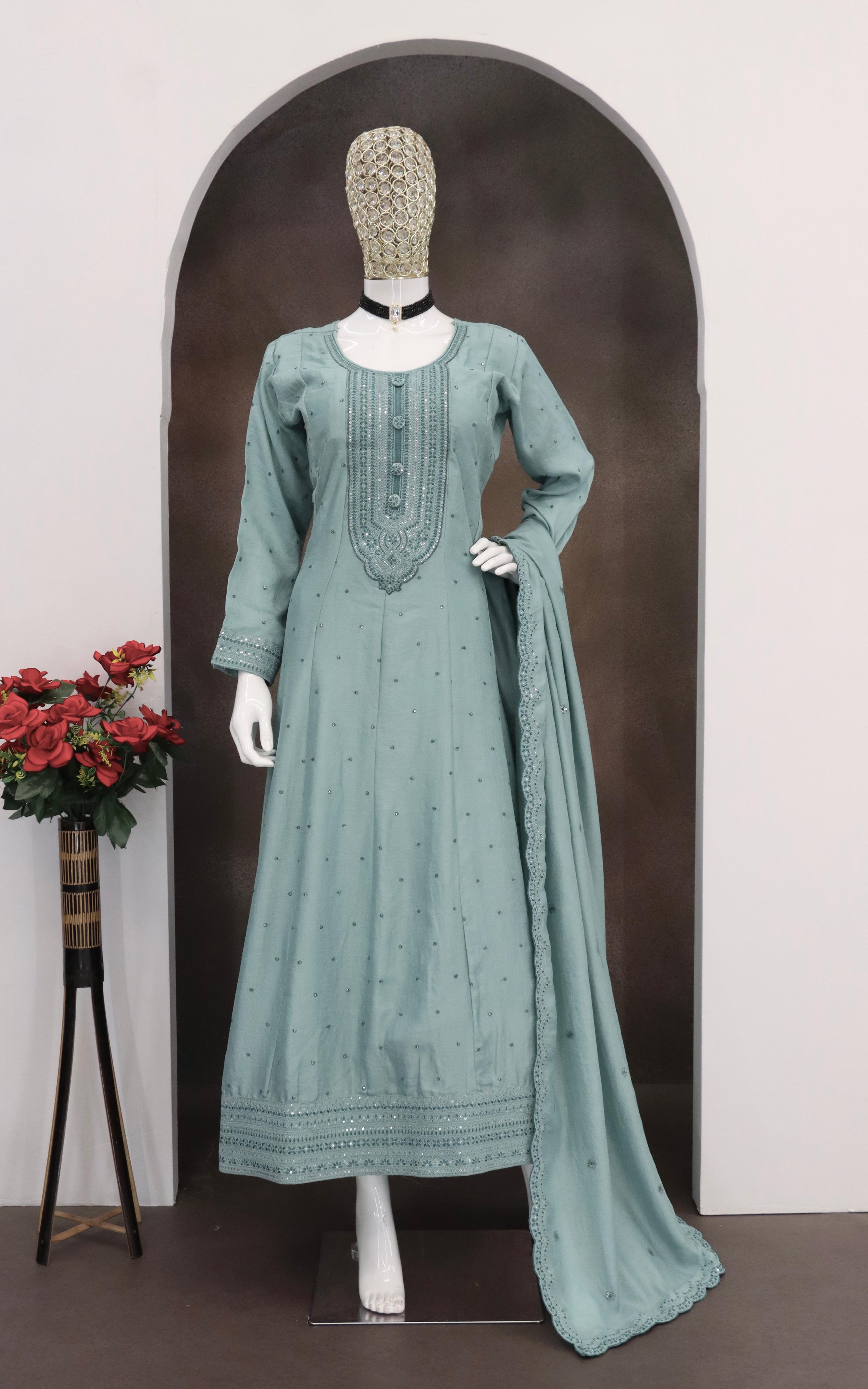 Anaita Teal Green Embroidered Vichitra Silk Stitched Anarkali Suit - Distacart