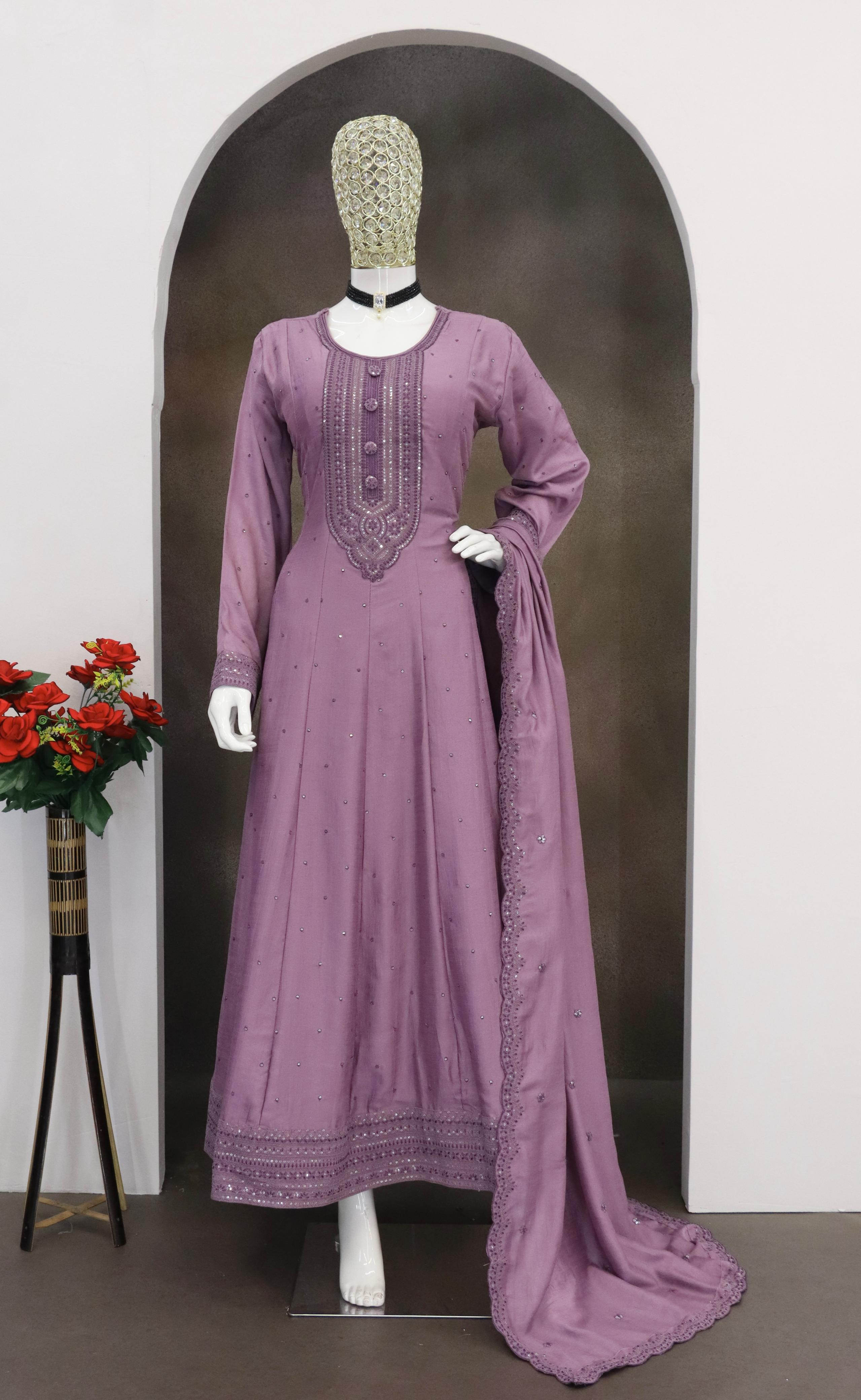 Anaita Lavender Embroidered Vichitra Silk Stitched Anarkali Suit - Distacart