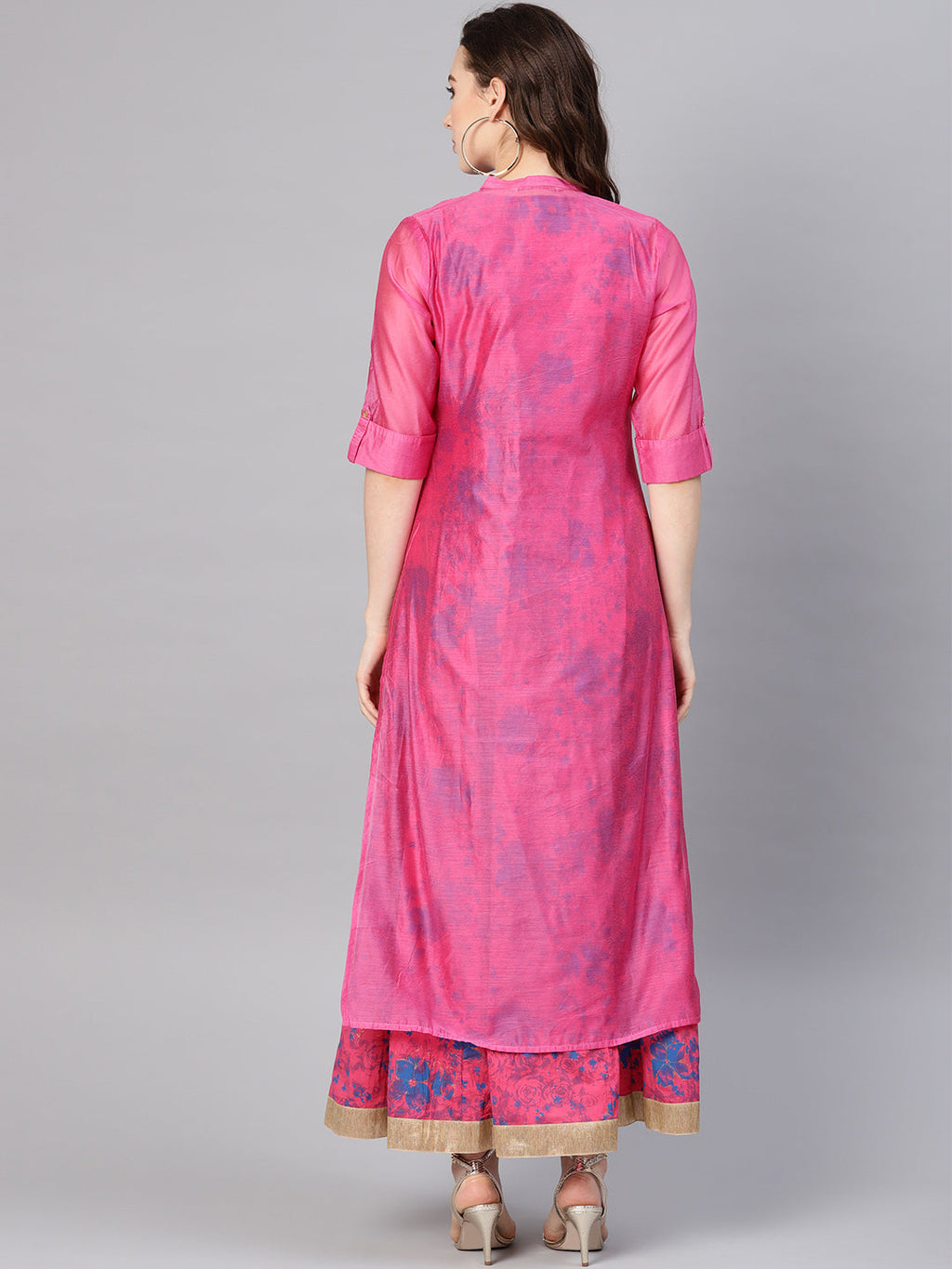 Juniper Women Fuchsia Chanderi Silk Embroidered & Printed Layered Dress - Distacart