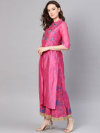 Juniper Women Fuchsia Chanderi Silk Embroidered & Printed Layered Dress - Distacart