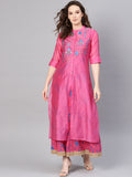 Juniper Women Fuchsia Chanderi Silk Embroidered & Printed Layered Dress - Distacart