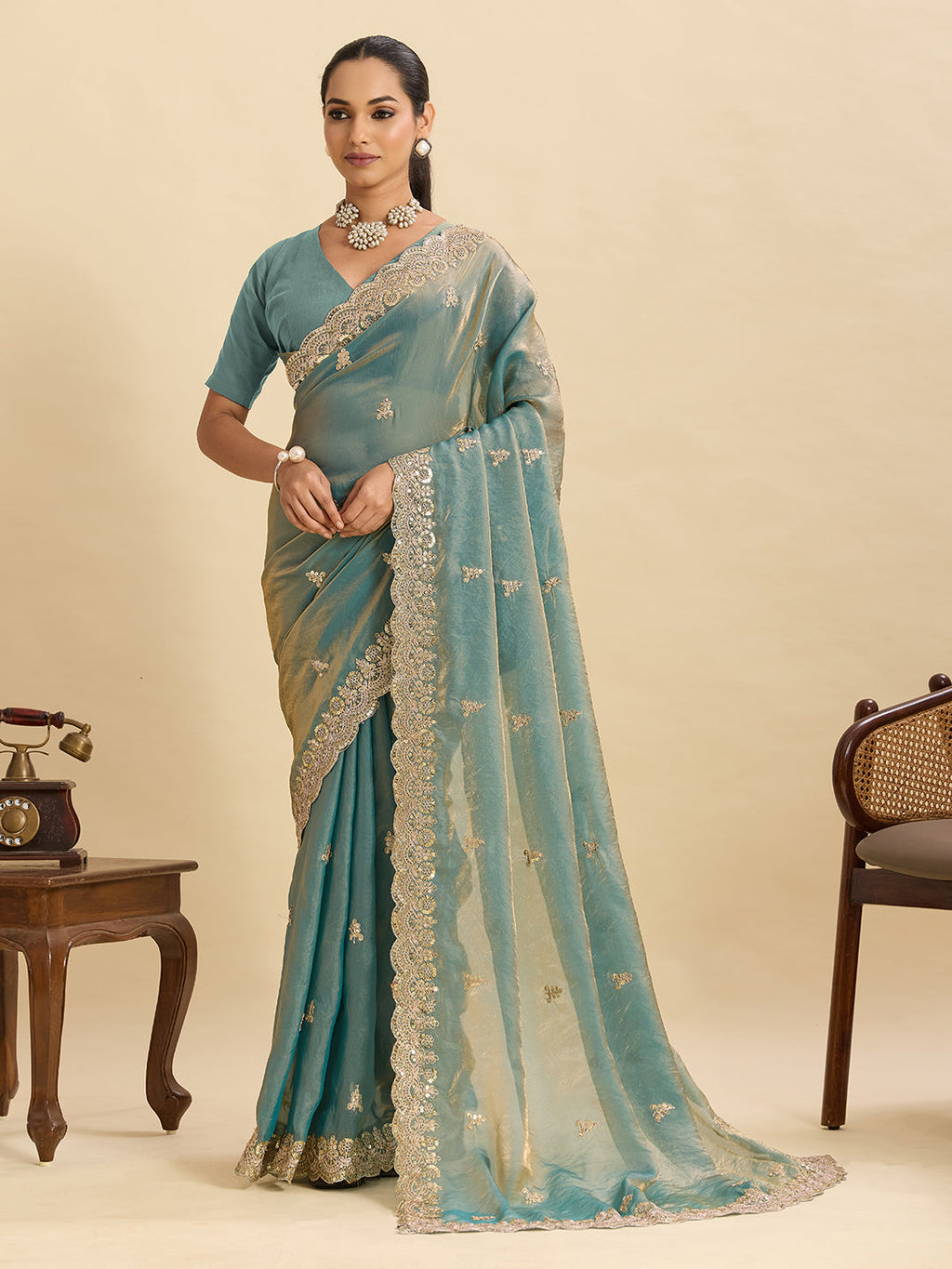 Lorenvalley Fashion Seagreen Fendy Satin with Embroidery Double Sequence Work Saree with Blouse - Distacart
