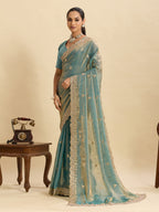 Lorenvalley Fashion Seagreen Fendy Satin with Embroidery Double Sequence Work Saree with Blouse - Distacart