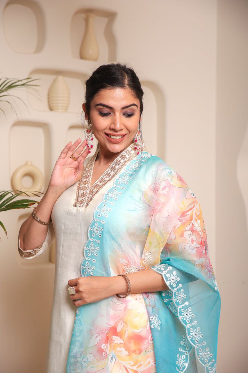 Lorenvalley Offwhite Chanderi Cotton Embroidered Work Kurta Set - Distacart