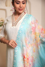 Lorenvalley Offwhite Chanderi Cotton Embroidered Work Kurta Set - Distacart