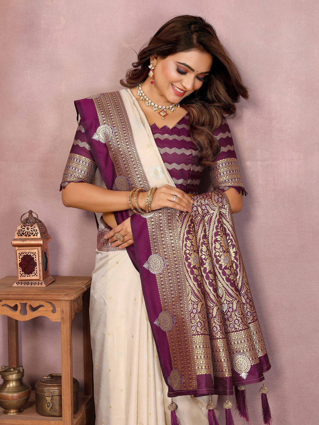 Anaita Beige Handloom Kalamkari Silk Saree With Zari Woven Work - Distacart