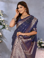 Anaita Dark Navy Blue Premium Banarasi Tissue Silk Saree With Gala Weaving Work - Distacart