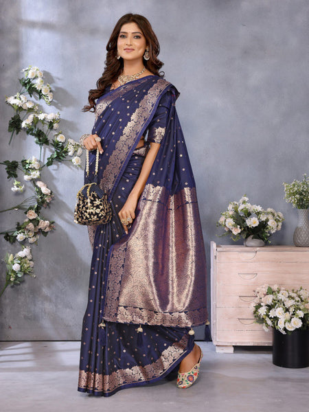 Anaita Dark Navy Blue Premium Banarasi Tissue Silk Saree With Gala Weaving Work
