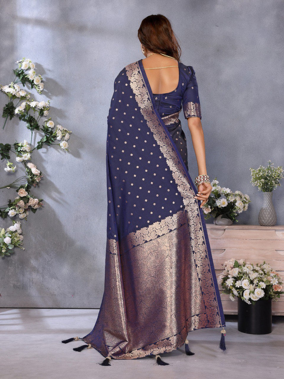 Anaita Dark Navy Blue Premium Banarasi Tissue Silk Saree With Gala Weaving Work - Distacart