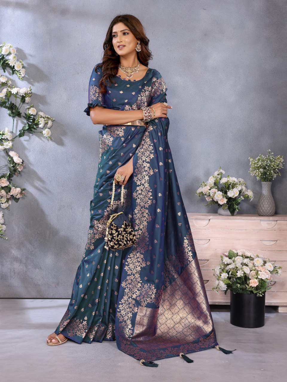 Anaita Dark Navy Blue Premium Banarasi Tissue Silk Saree With Gala Weaving Work - Distacart
