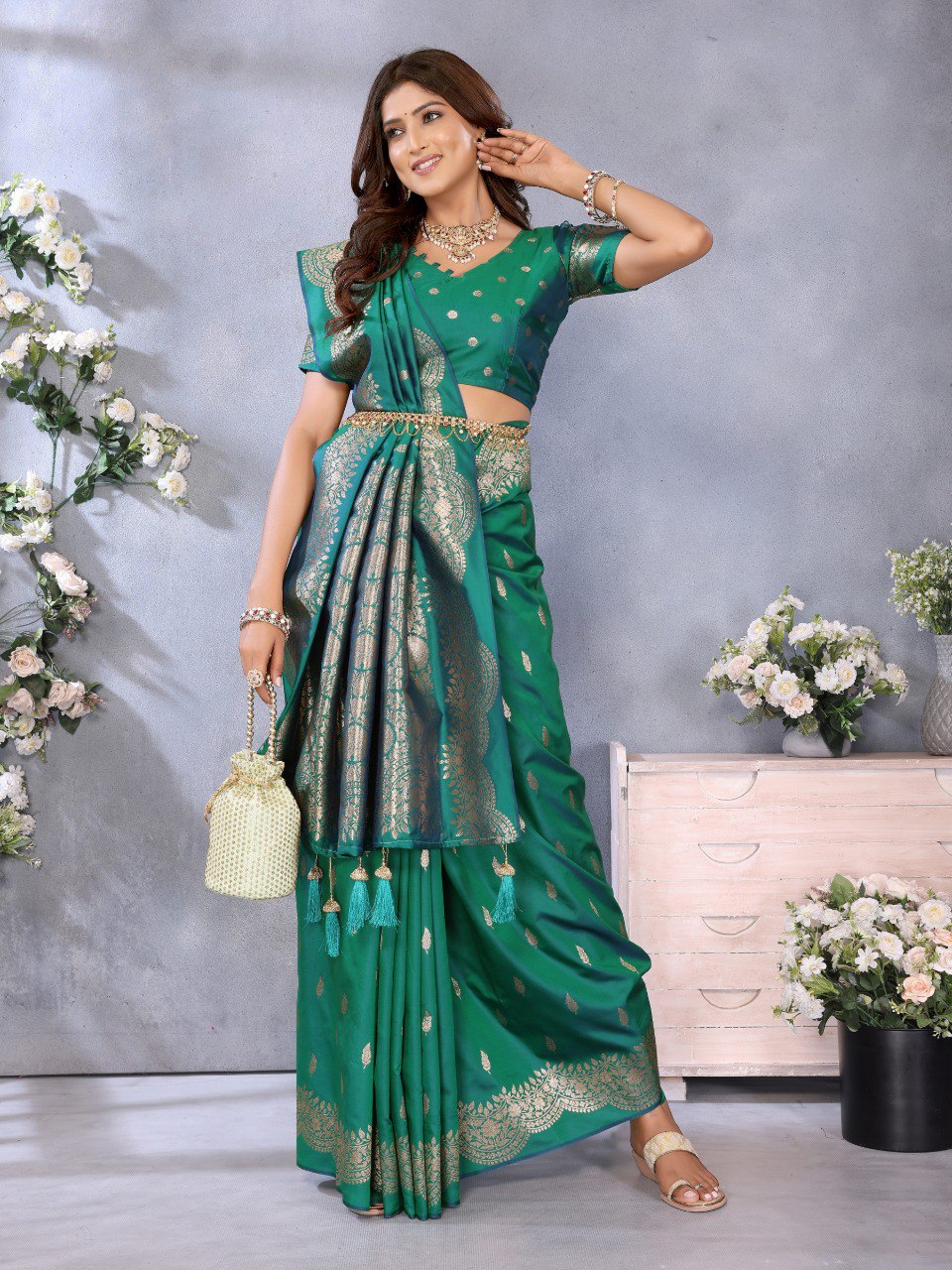 Anaita Green Premium Banarasi Tissue Silk Saree With Gala Weaving Work - Distacart