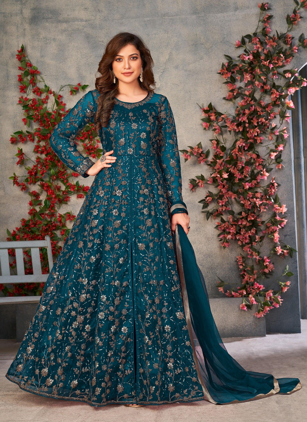 Anaita Teal Embroidered Butterfly Net Anarkali Suit - Distacart