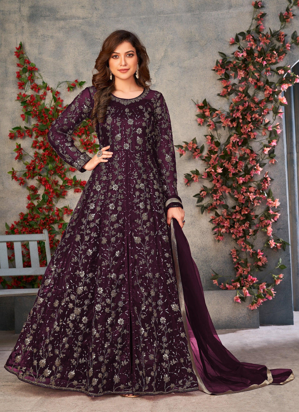 Anaita Wine Embroidered Butterfly Net Anarkali Suit - Distacart