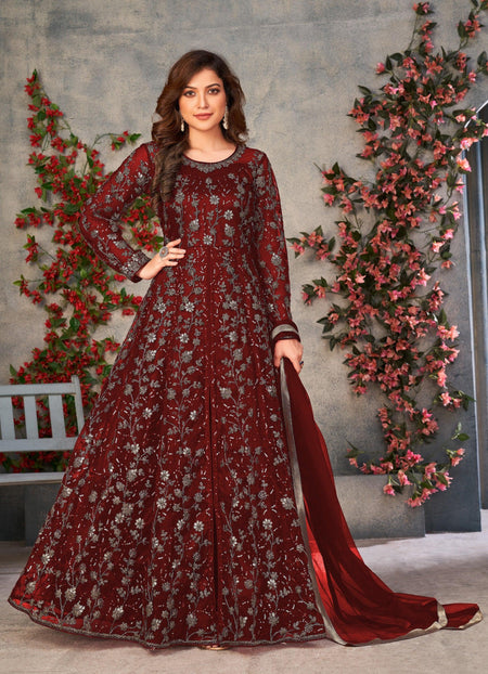 Anaita Maroon Embroidered Butterfly Net Anarkali Suit