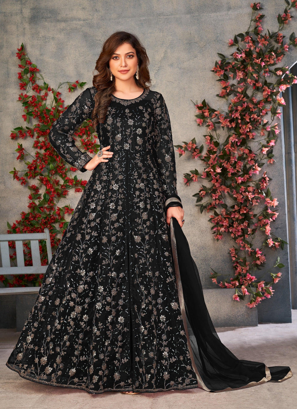 Anaita Black Embroidered Butterfly Net Anarkali Suit - Distacart