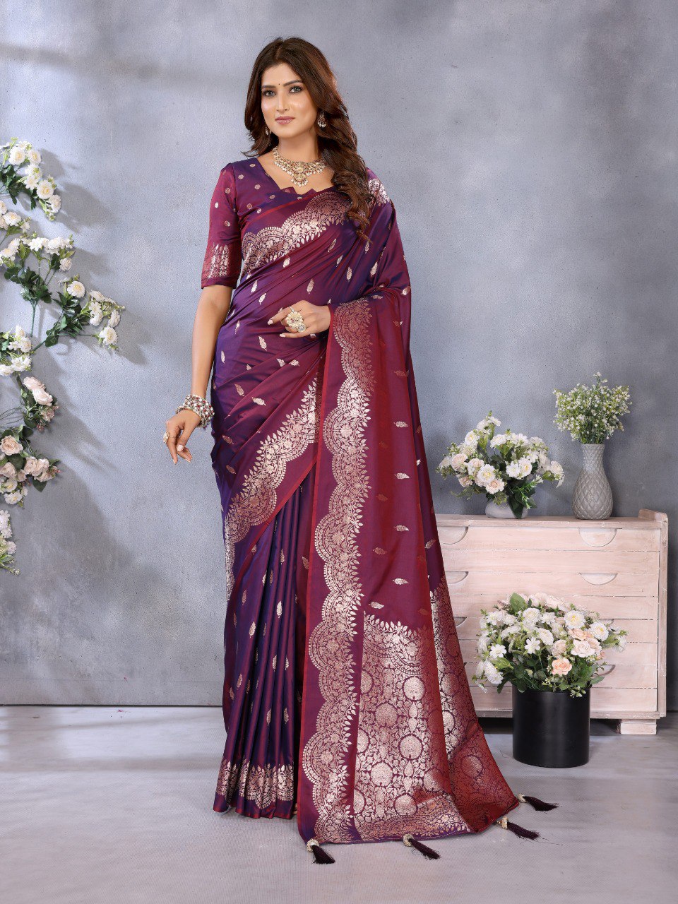 Anaita Maroon Premium Banarasi Tissue Silk Saree With Gala Weaving Work - Distacart