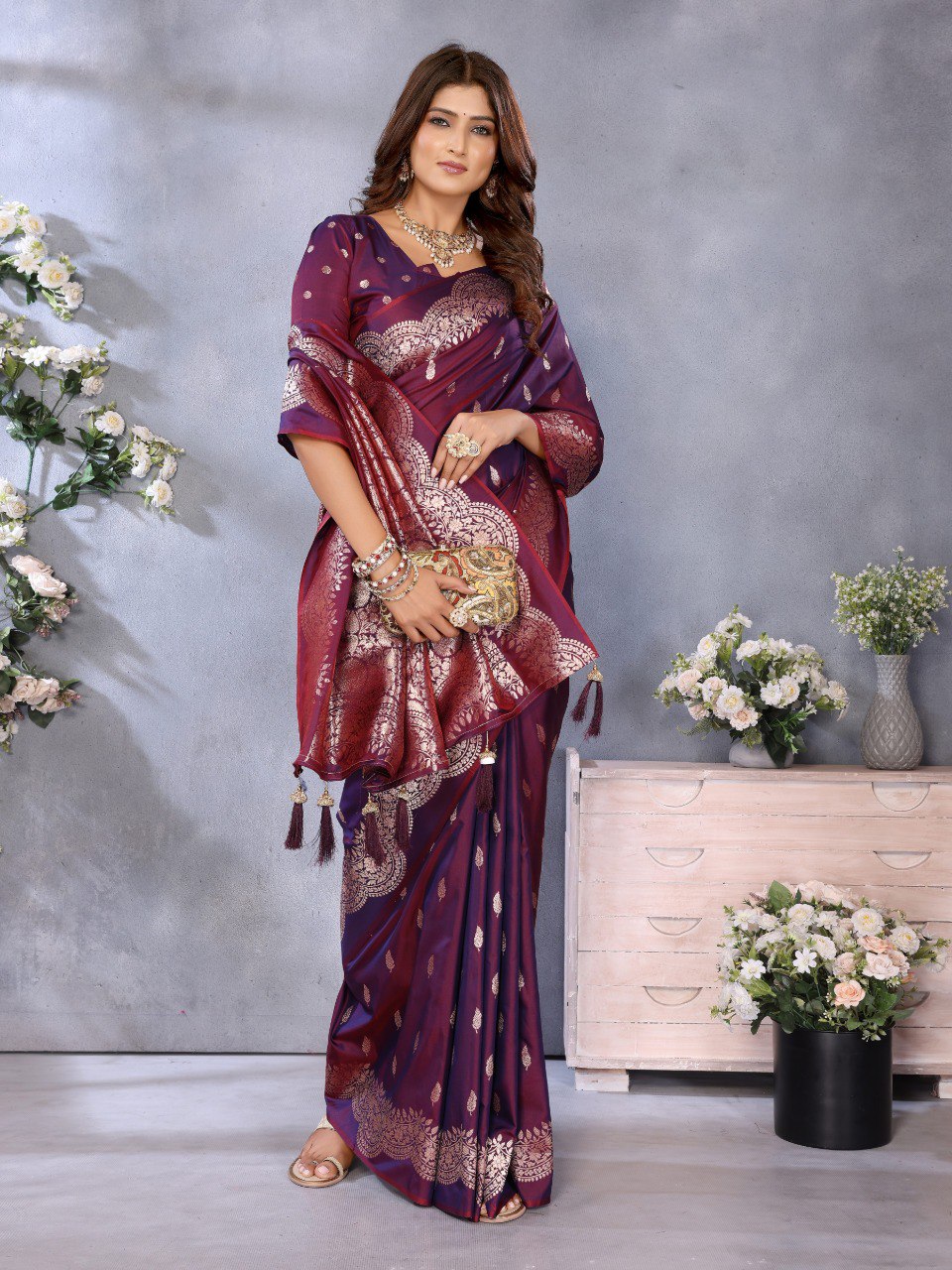 Anaita Maroon Premium Banarasi Tissue Silk Saree With Gala Weaving Work - Distacart