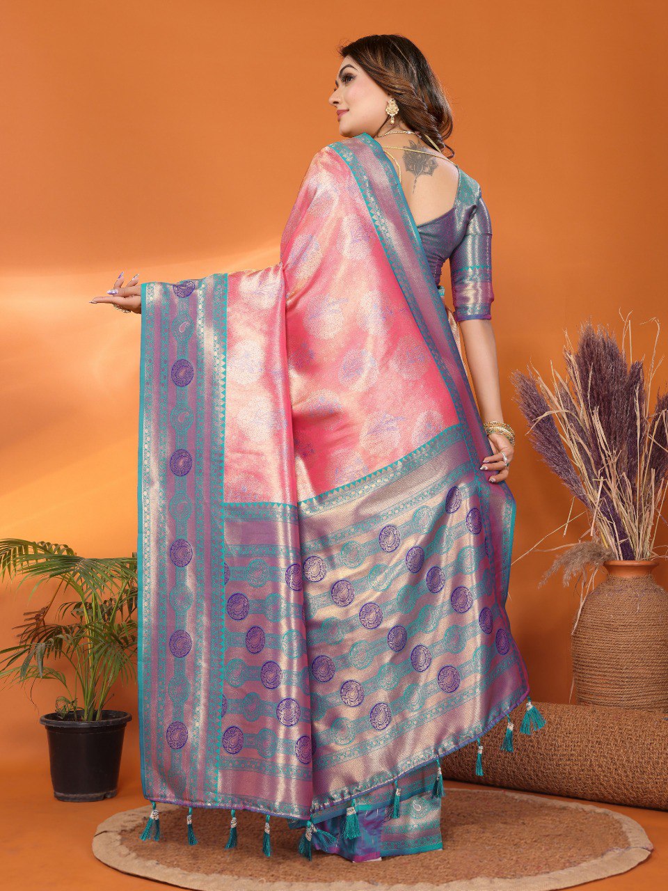 Anaita Pink Banarasi Tissue Silk Saree With Weaving Work - Distacart