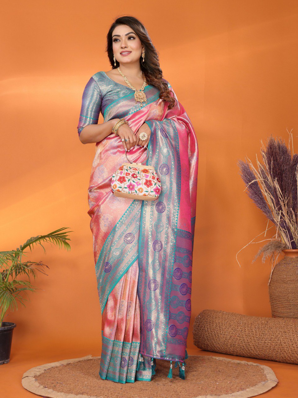 Anaita Pink Banarasi Tissue Silk Saree With Weaving Work - Distacart