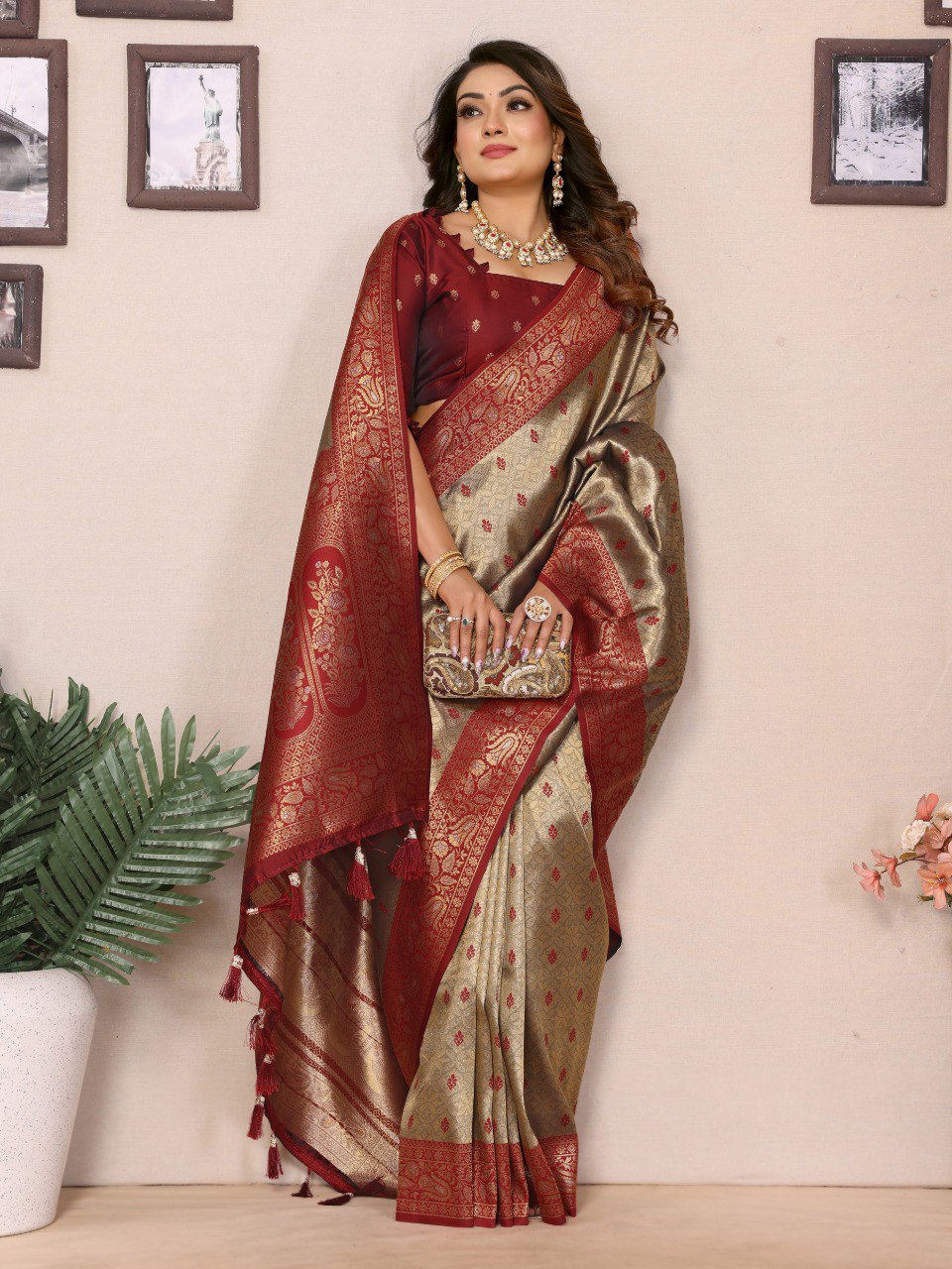 Anaita Beige Tissue Silk Saree With Weaving Zari Work - Distacart
