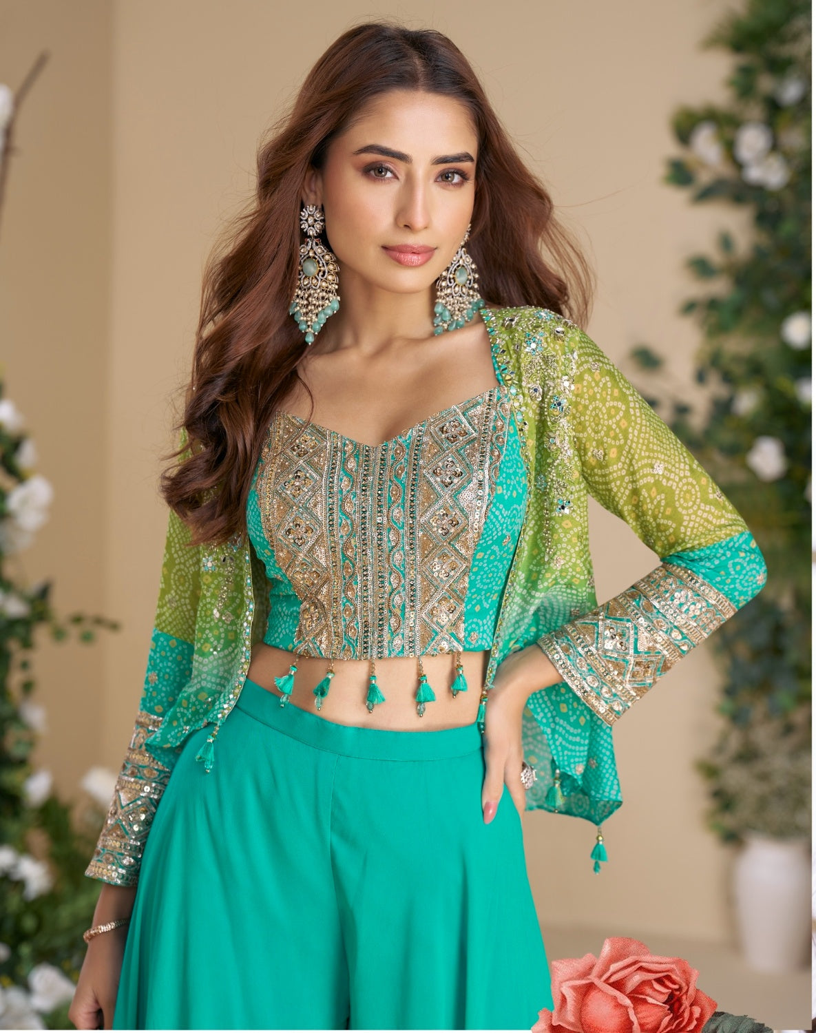 Anaita Teal Blue Heavy Chinon Silk Readymade 3 Piece Set With Sequence & Mirror Work - Distacart