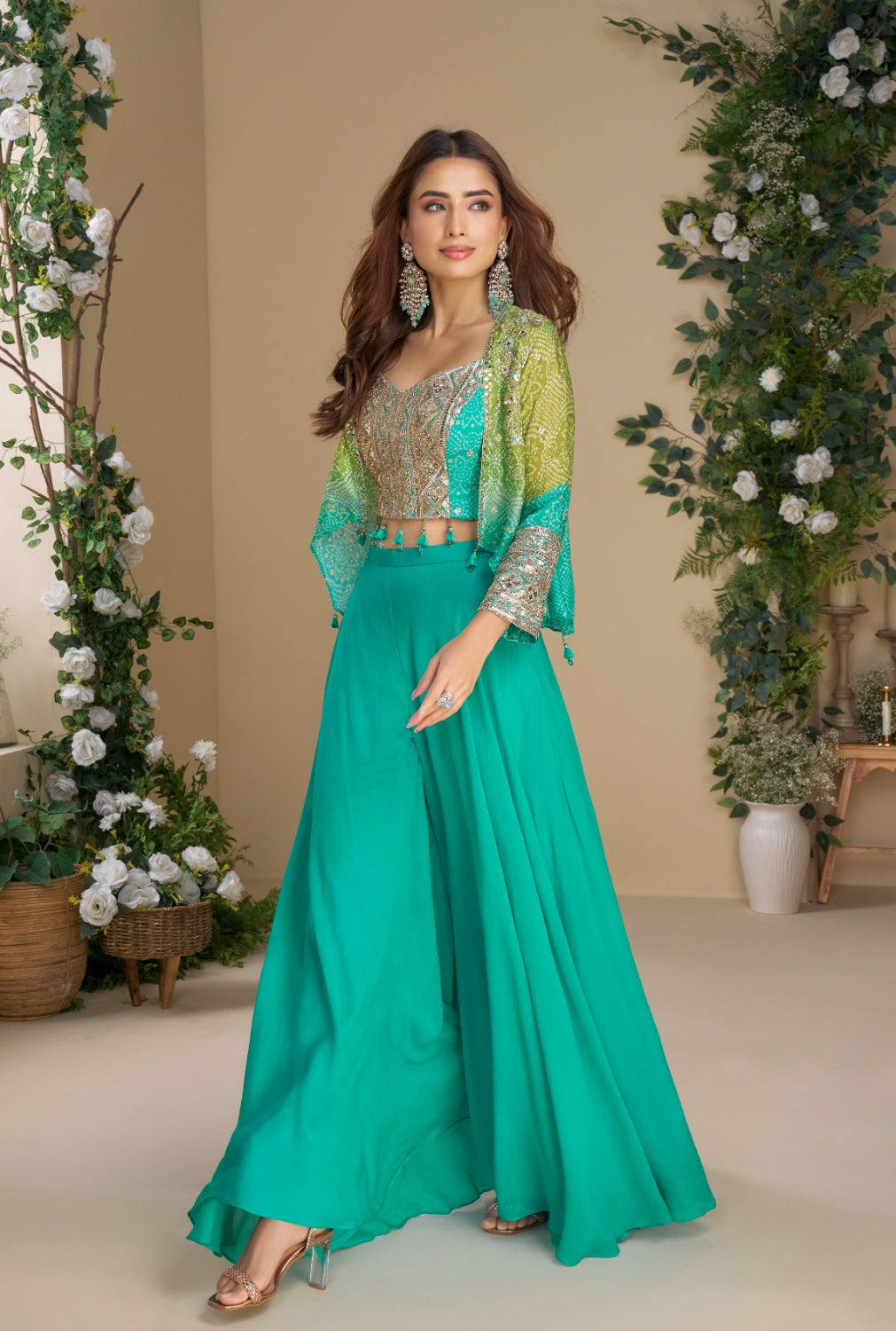 Anaita Teal Blue Heavy Chinon Silk Readymade 3 Piece Set With Sequence & Mirror Work - Distacart