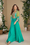 Anaita Teal Blue Heavy Chinon Silk Readymade 3 Piece Set With Sequence & Mirror Work - Distacart