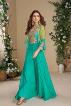 Anaita Teal Blue Heavy Chinon Silk Readymade 3 Piece Set With Sequence & Mirror Work - Distacart