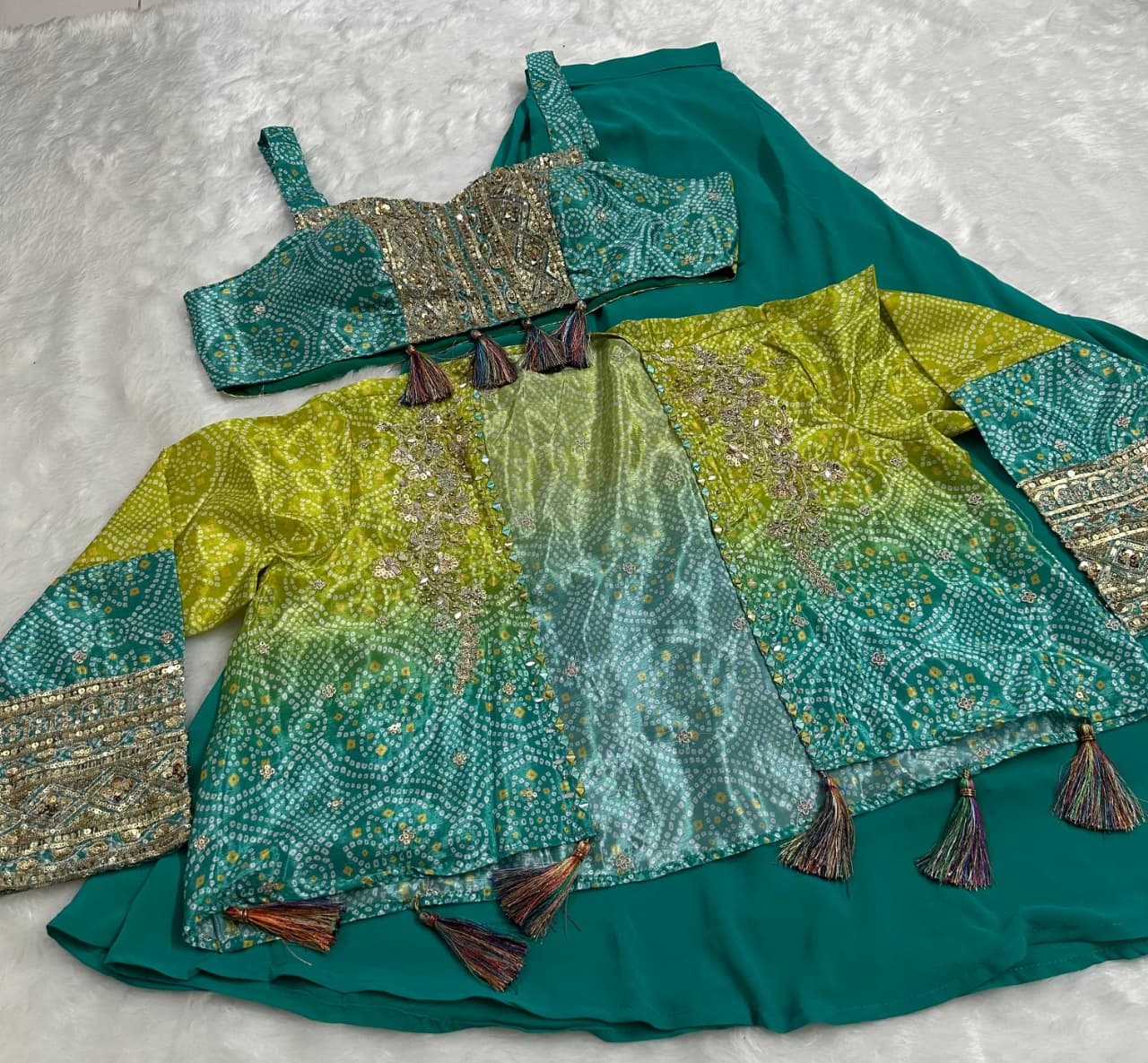 Anaita Teal Blue Heavy Chinon Silk Readymade 3 Piece Set With Sequence & Mirror Work - Distacart