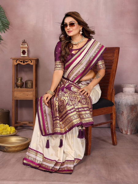 Anaita Beige Handloom Kalamkari Silk Saree With Zari Woven Work