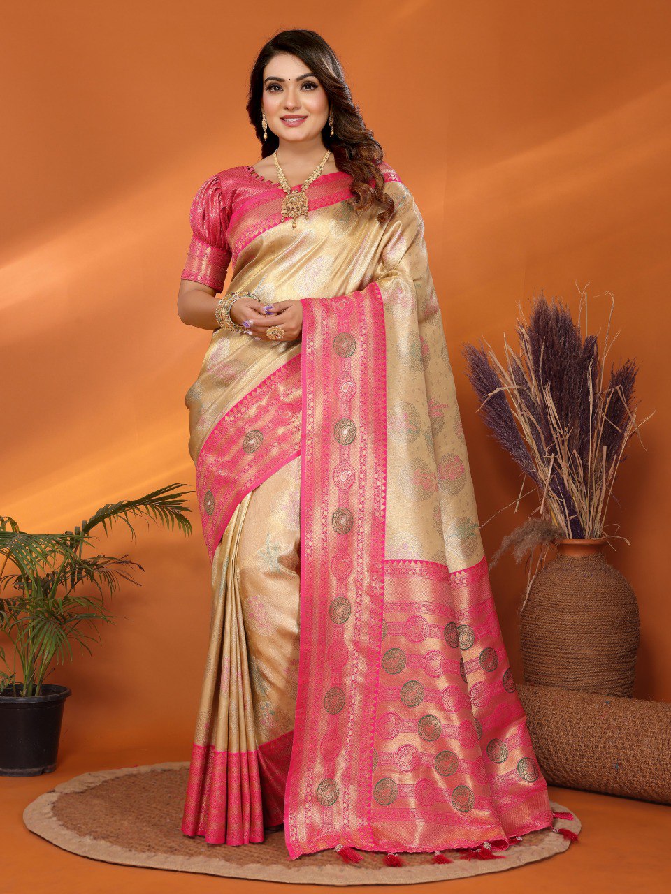 Anaita Beige Banarasi Tissue Silk Saree With Weaving Work - Distacart