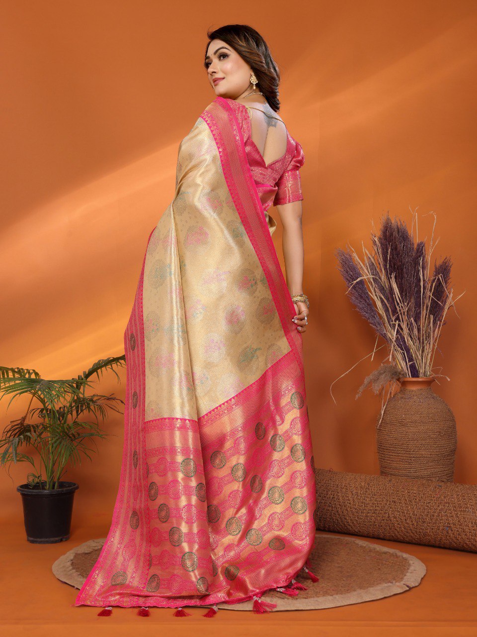 Anaita Beige Banarasi Tissue Silk Saree With Weaving Work - Distacart