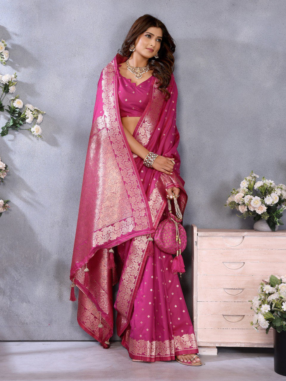 Anaita Magenta Premium Banarasi Tissue Silk Saree With Gala Weaving Work - Distacart