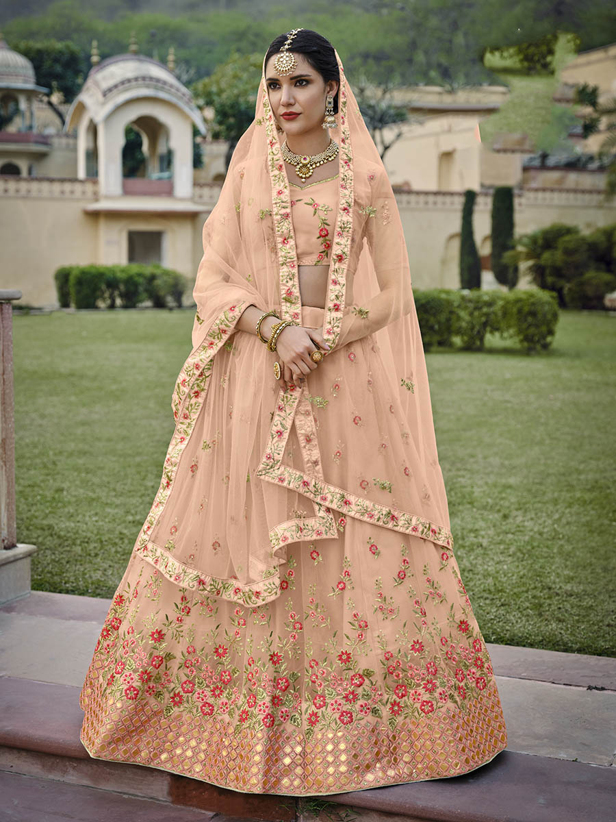 Myra Blush Net Heavy Embroidered Lehenga - Distacart