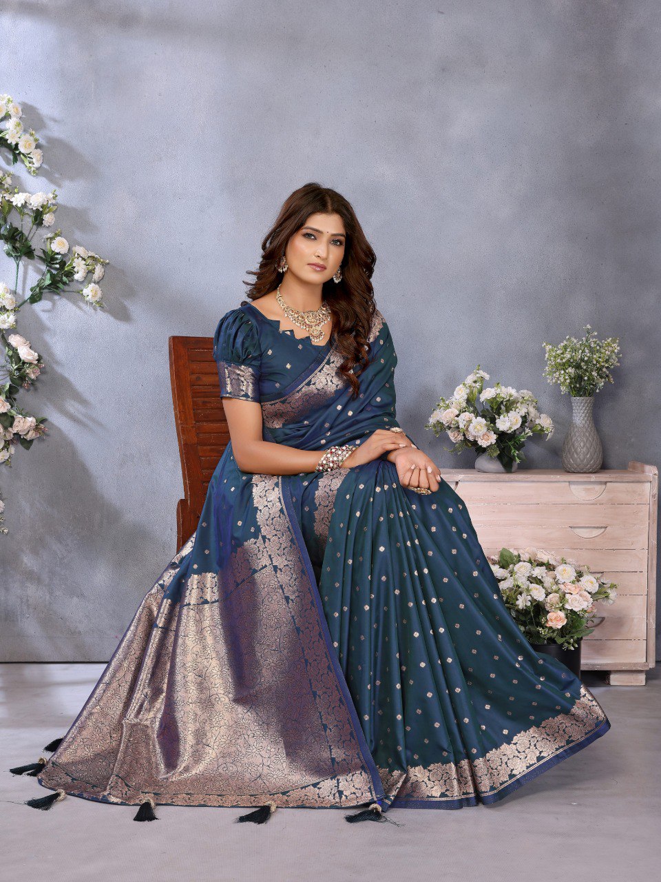 Anaita Teal Premium Banarasi Tissue Silk Saree With Gala Weaving Work - Distacart