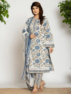 Yufta Blue And Off White Cotton Pakistani Style Kurta Dupatta Set