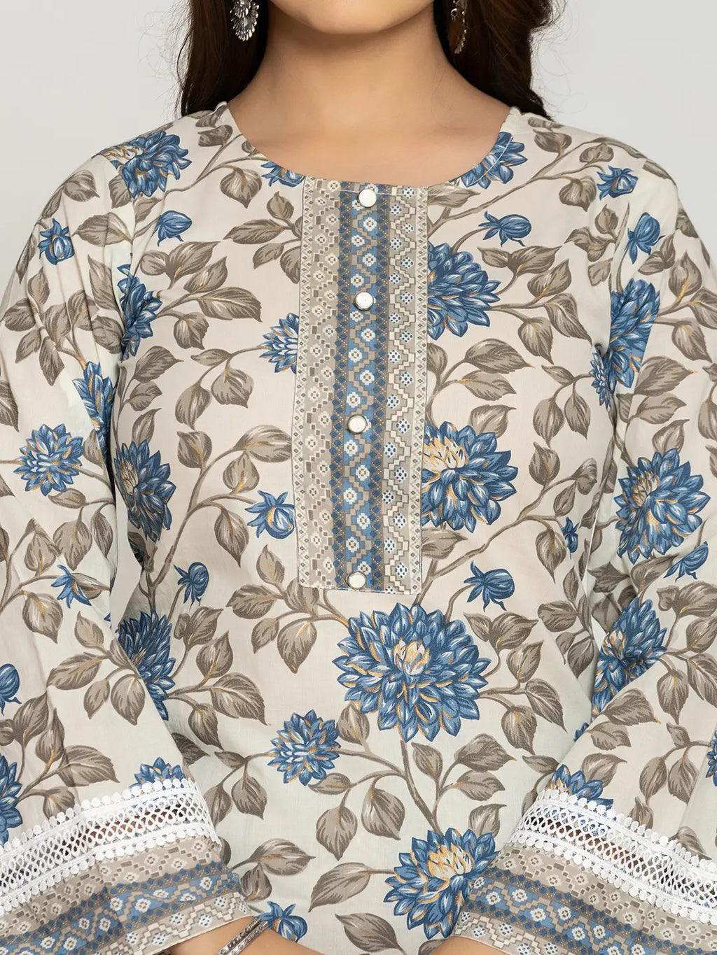 Yufta Blue And Off White Cotton Pakistani Style Kurta Dupatta Set