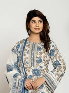 Yufta Blue And Off White Cotton Pakistani Style Kurta Dupatta Set